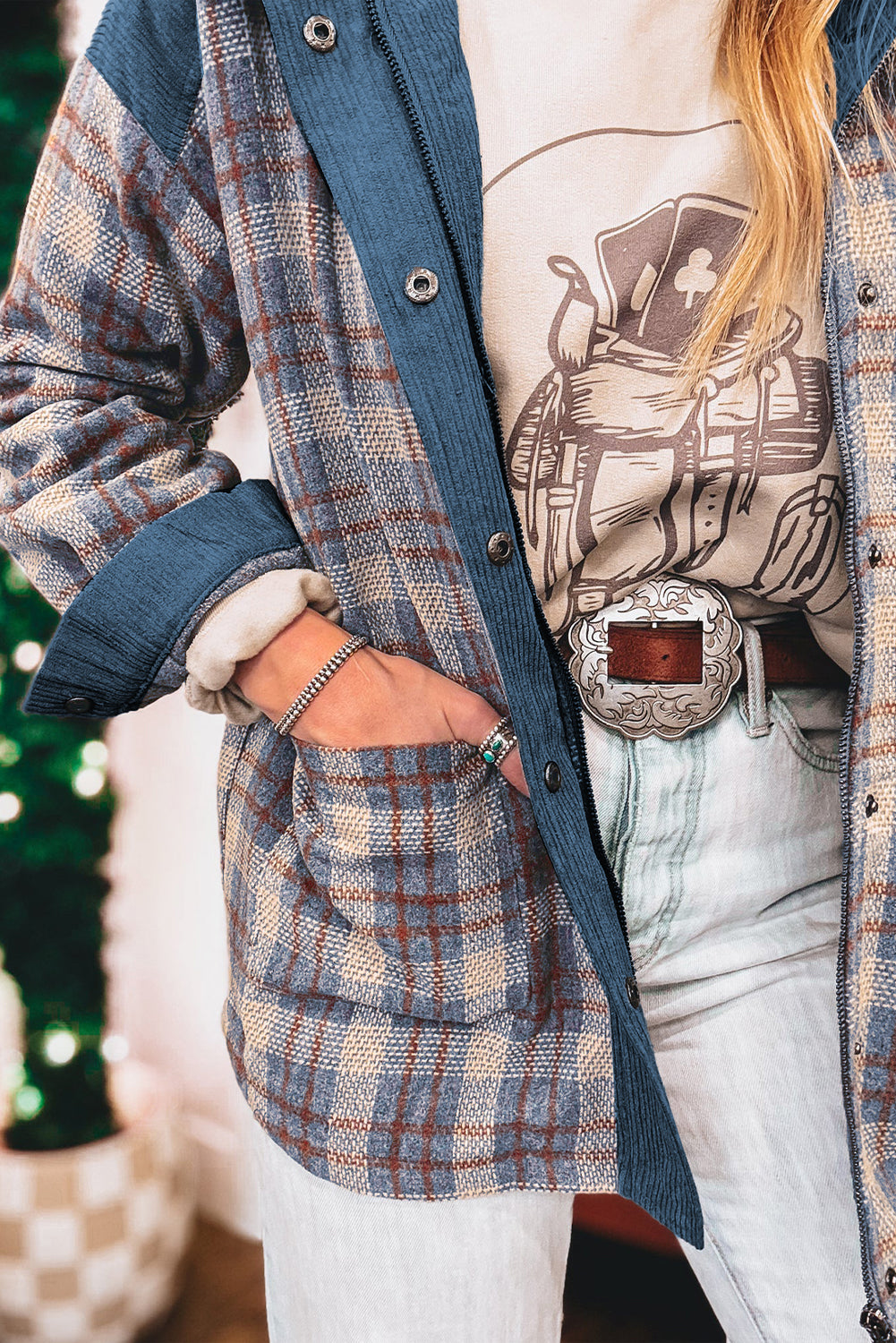 Gray Plaid Corduroy Patchwork Collared Zip Up Snap Button Jacket Plaid Shackets JT's Designer Fashion