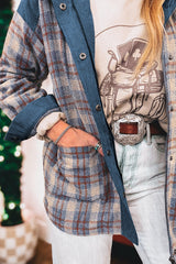 Gray Plaid Corduroy Patchwork Collared Zip Up Snap Button Jacket Plaid Shackets JT's Designer Fashion