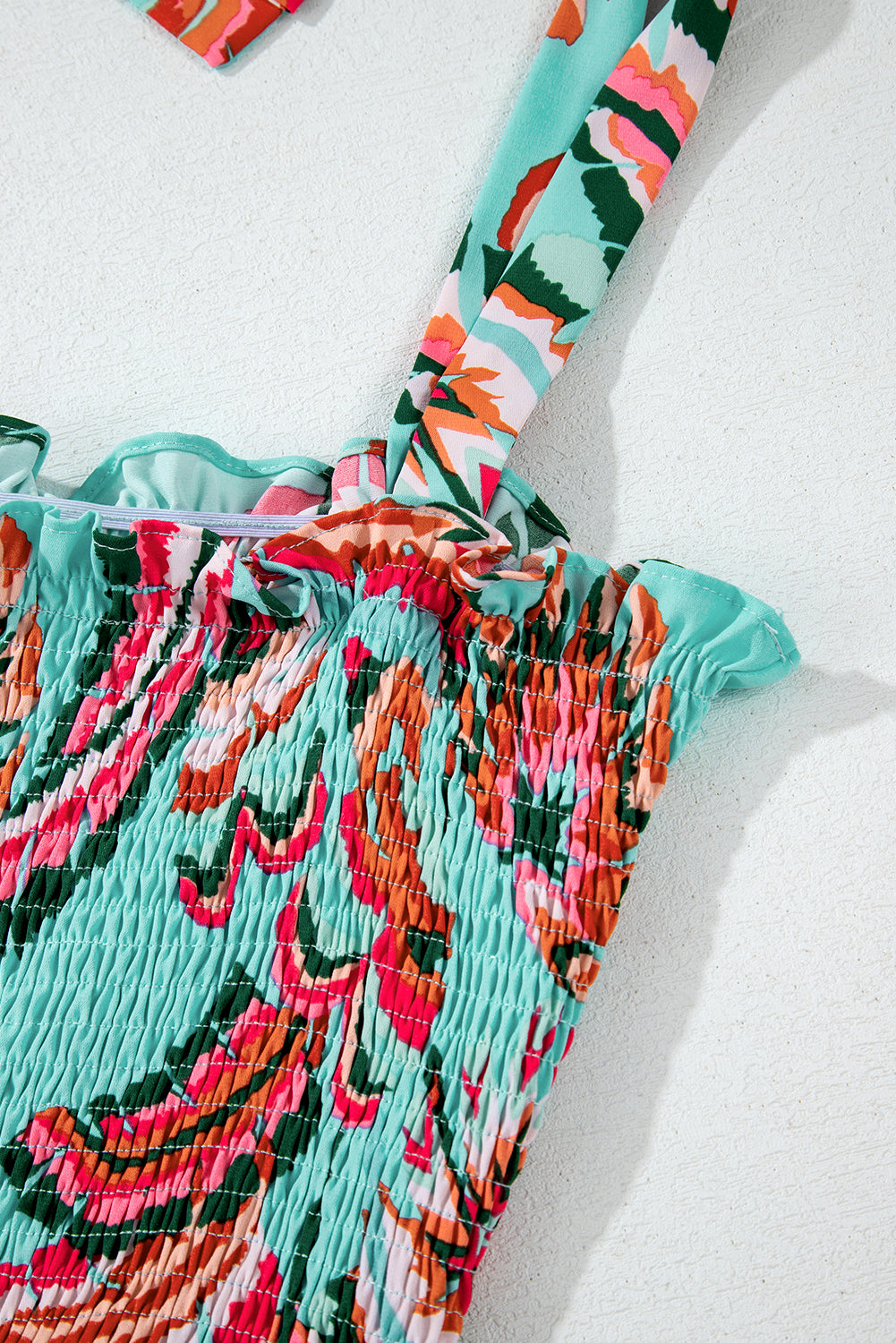Green Abstract Print Smocked Bodice Knotted Straps Ruffled Long Dress Maxi Dresses JT's Designer Fashion