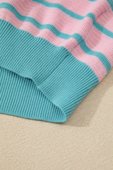 Pink Stripe Trimmed Round Neck Drop Shoulder Loose Sweater Sweaters JT's Designer Fashion