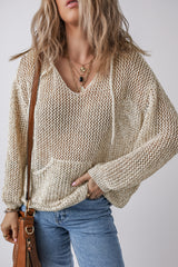 Jet Stream Hollow-out Kangaroo Pocket V Neck Hooded Sweater Sweaters JT's Designer Fashion