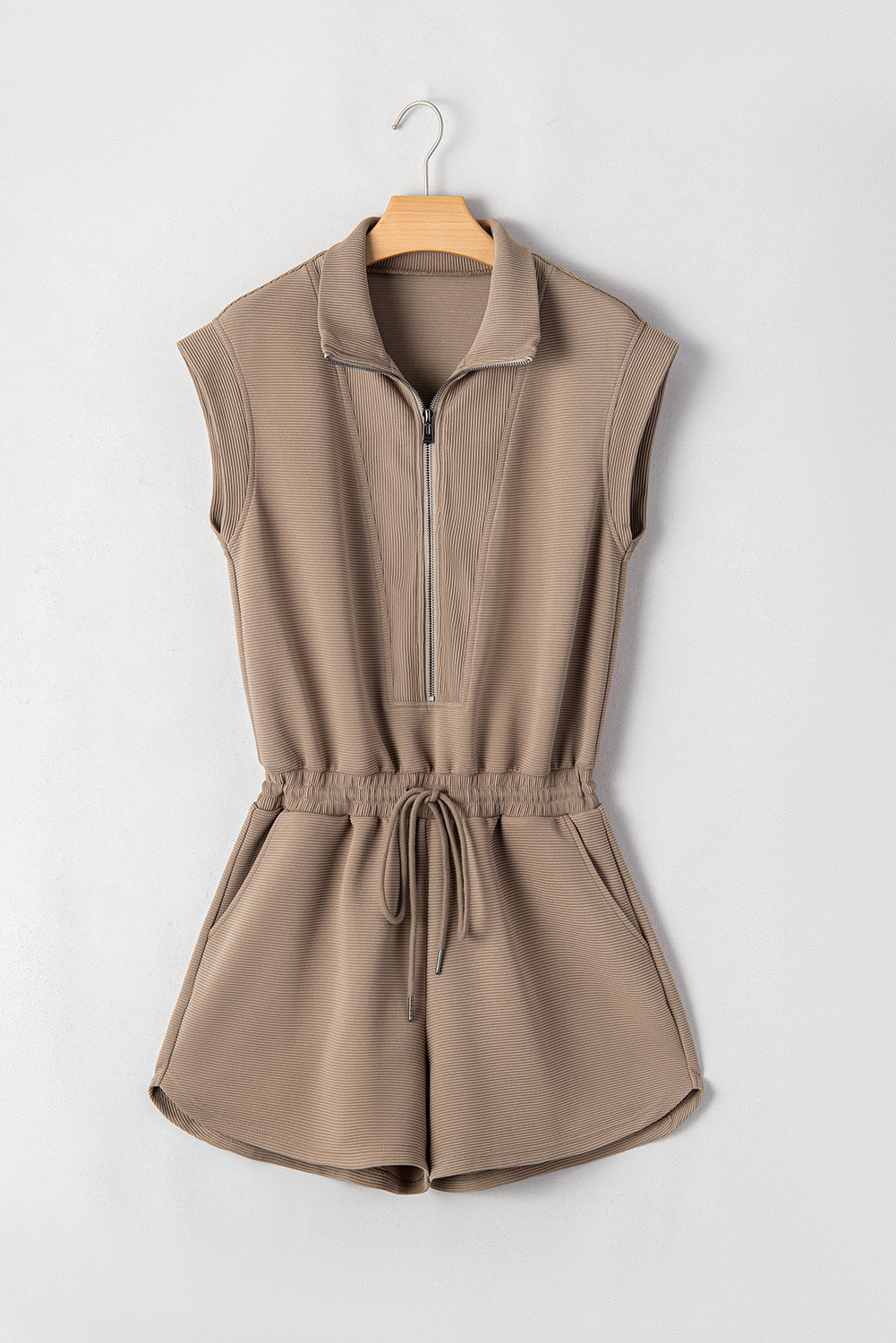 Dark Khaki Textured Short Sleeve Half Zip Drawstring Waist Romper Jumpsuits & Rompers JT's Designer Fashion