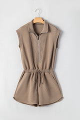 Dark Khaki Textured Short Sleeve Half Zip Drawstring Waist Romper Jumpsuits & Rompers JT's Designer Fashion