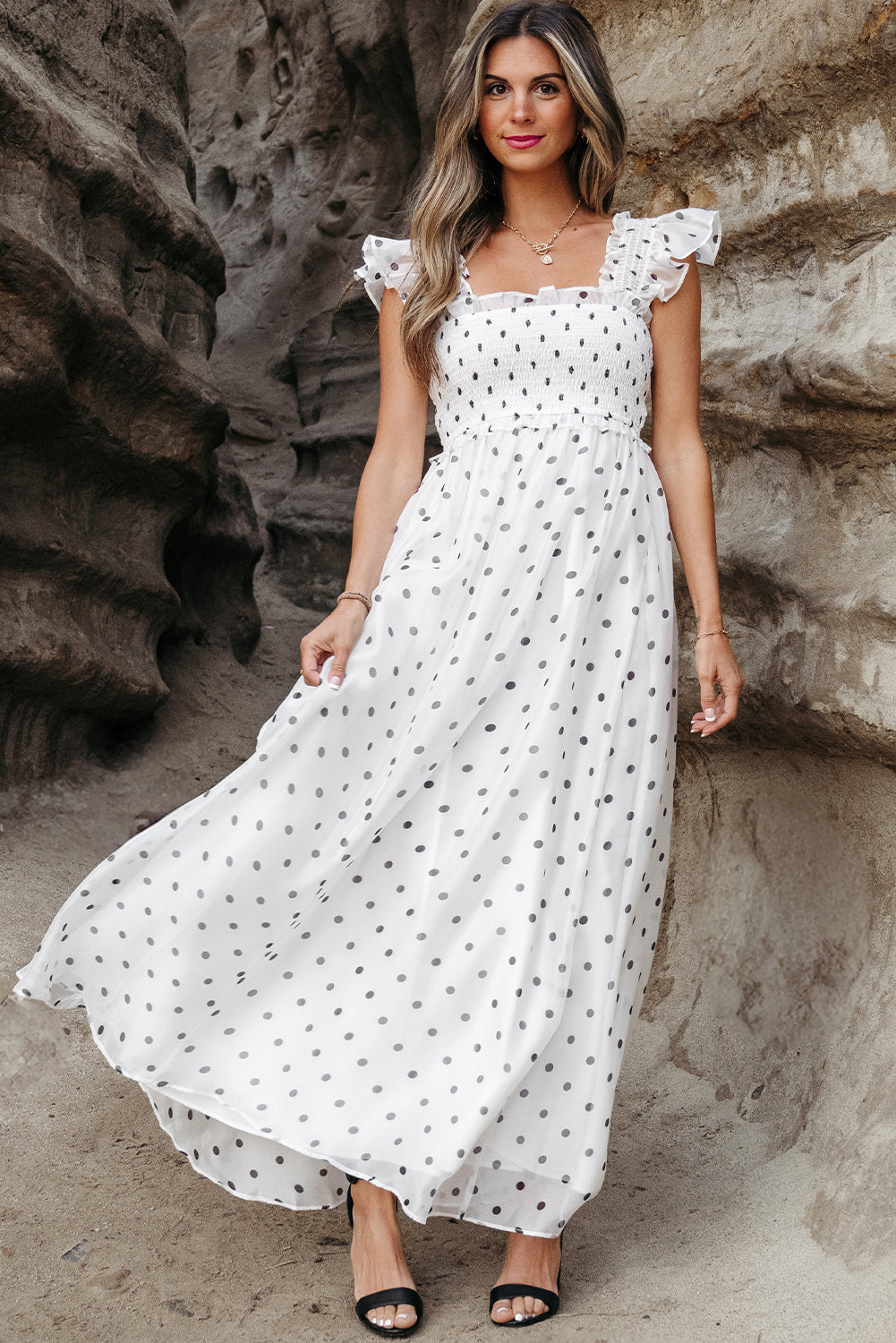 White Polka Dot Flutter Sleeve Square Neck Smocked Long Dress Maxi Dresses JT's Designer Fashion