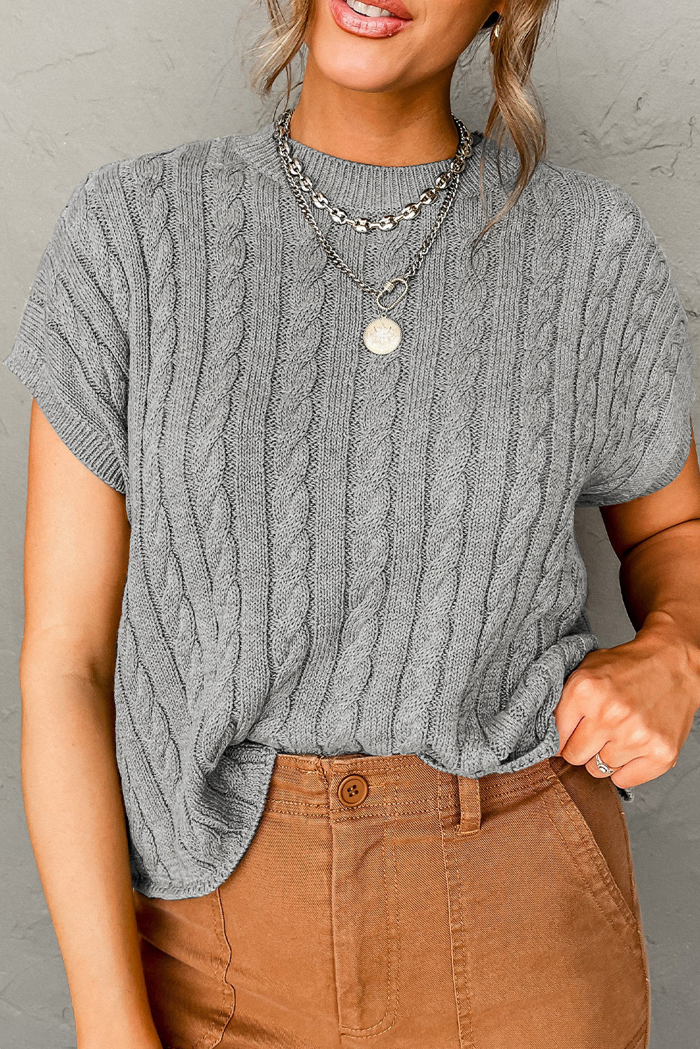 Gray Crew Neck Cable Knit Short Sleeve Sweater Sweaters & Cardigans JT's Designer Fashion