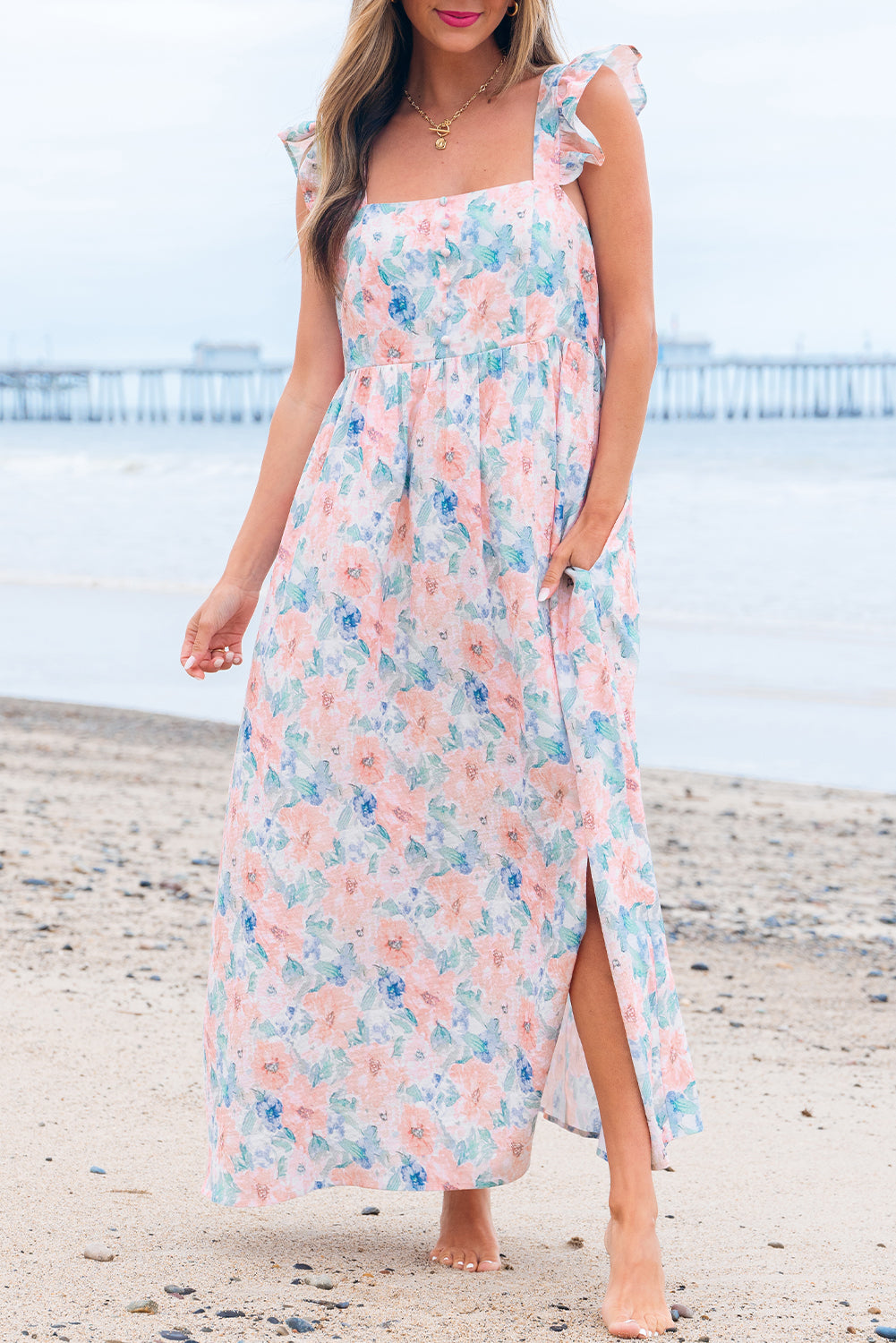 Pink Floral Print Square Neck Backless Long Dress with Slit Maxi Dresses JT's Designer Fashion