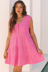 Bright Pink Waffle Textured Button Round Neck A-line Tiered Sleeveless Dress Mini Dresses JT's Designer Fashion