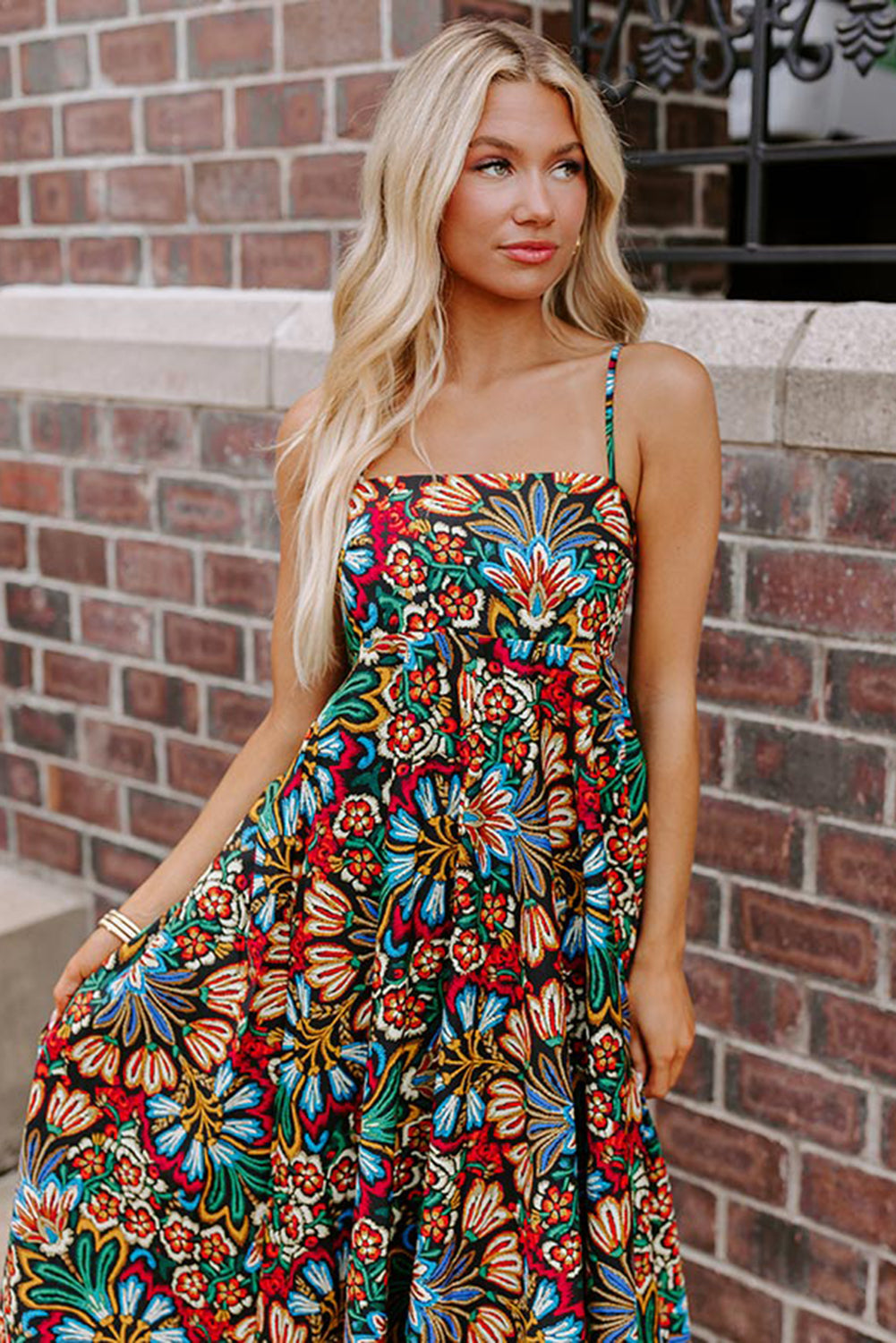 Black Boho Floral Print Thin Straps Sleeveless High Waist Maxi Dress Floral Dresses JT's Designer Fashion