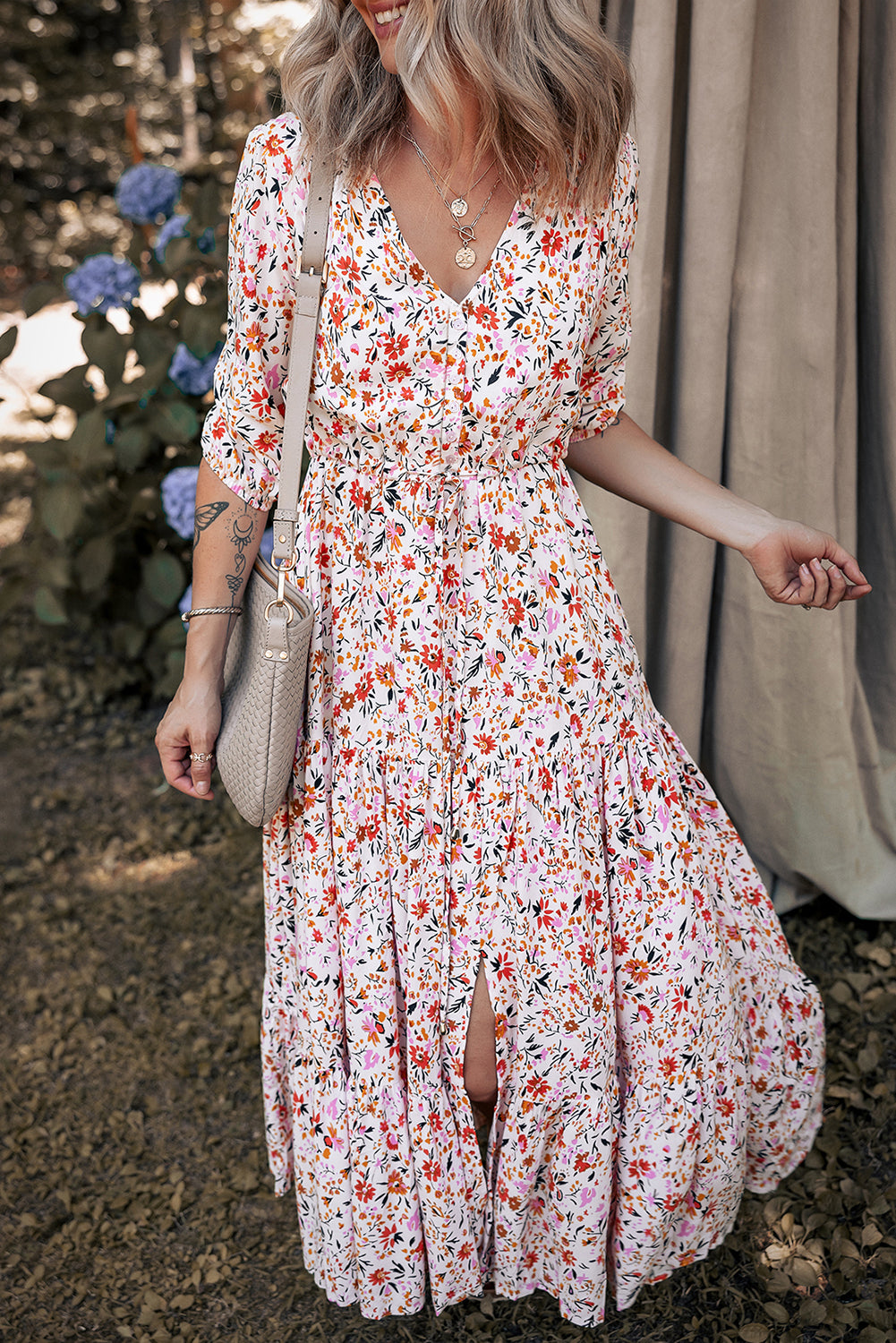 Red Boho Half Sleeve Floral V Neck Maxi Dress Floral Dresses JT's Designer Fashion
