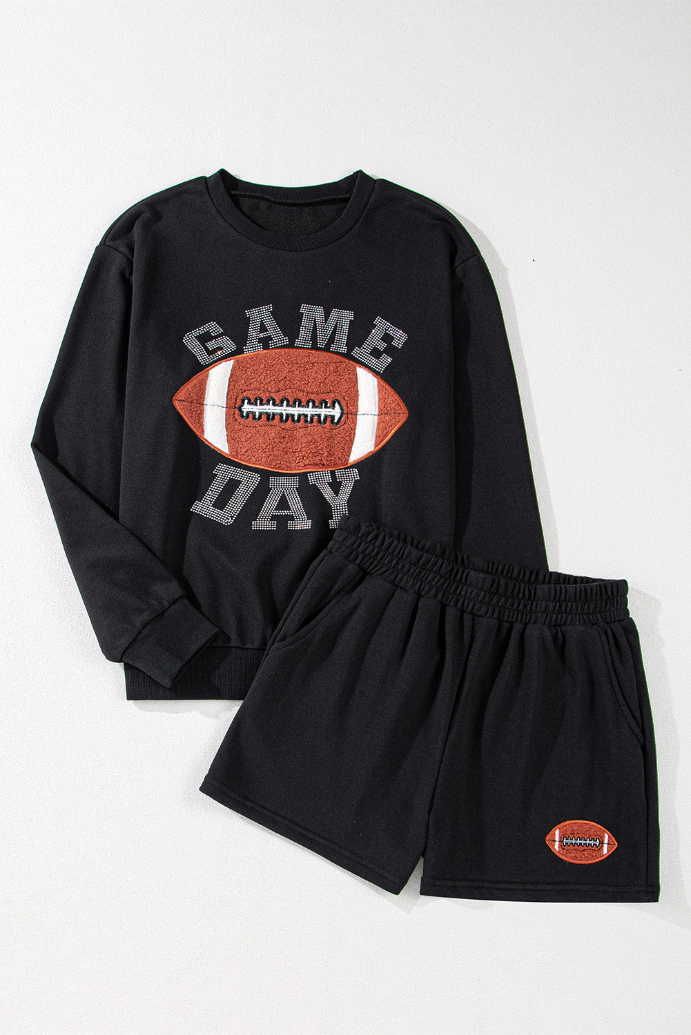 Black GAME DAY Rugby Football Graphic Pullover and Shorts Casual Outfit Short Sets JT's Designer Fashion