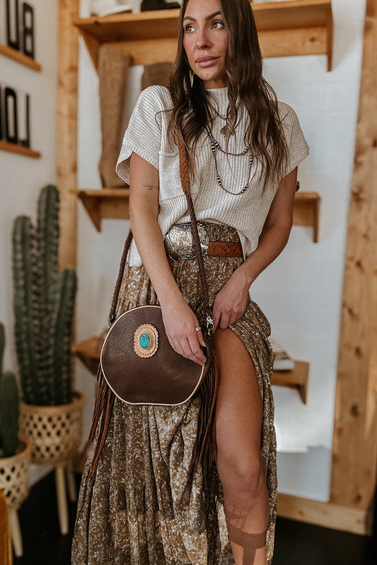 Brown Western Floral Print Ruffled Hem High Waist Loose Maxi Skirt Bottoms JT's Designer Fashion