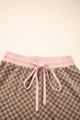Brown Checkerboard Long Sleeve Pullover and Shorts Set Short Sets JT's Designer Fashion