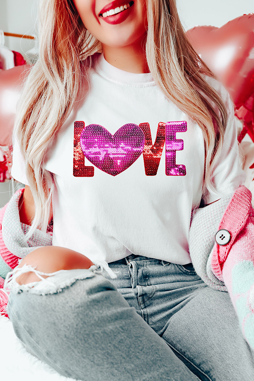 White Heart LOVE Patched Pattern Crewneck Valentines T Shirt Graphic Tees JT's Designer Fashion