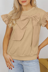Parchment Two Tones Ribbon Bow Ruffle Sleeve Top Blouses & Shirts JT's Designer Fashion