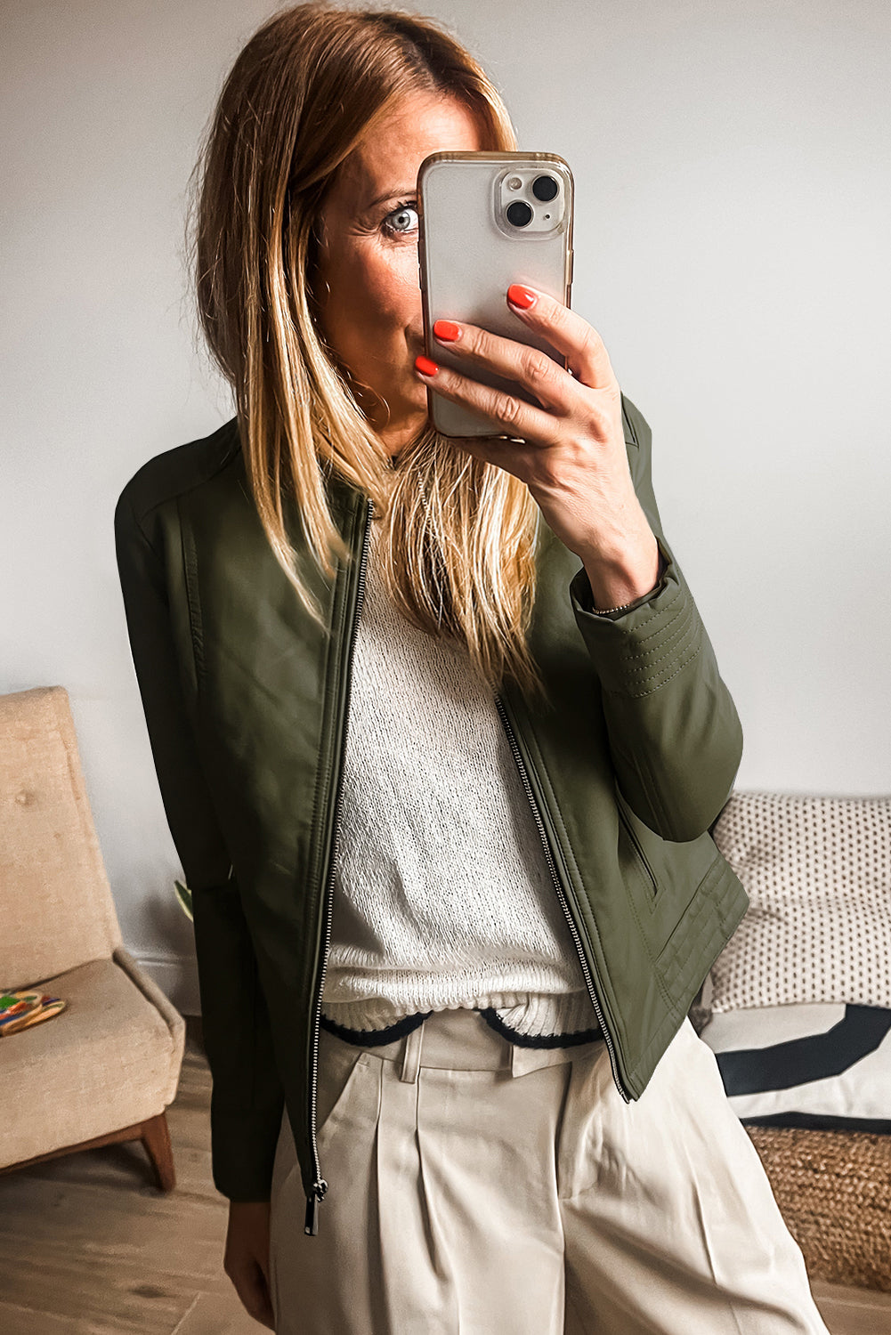 Sage Green Solid Faux Leather Zipper Slim Fit Bomber Jacket Jackets JT's Designer Fashion