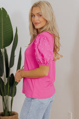 Bright Pink Ribbed Pearl Beaded Puff Sleeve Top Blouses & Shirts JT's Designer Fashion