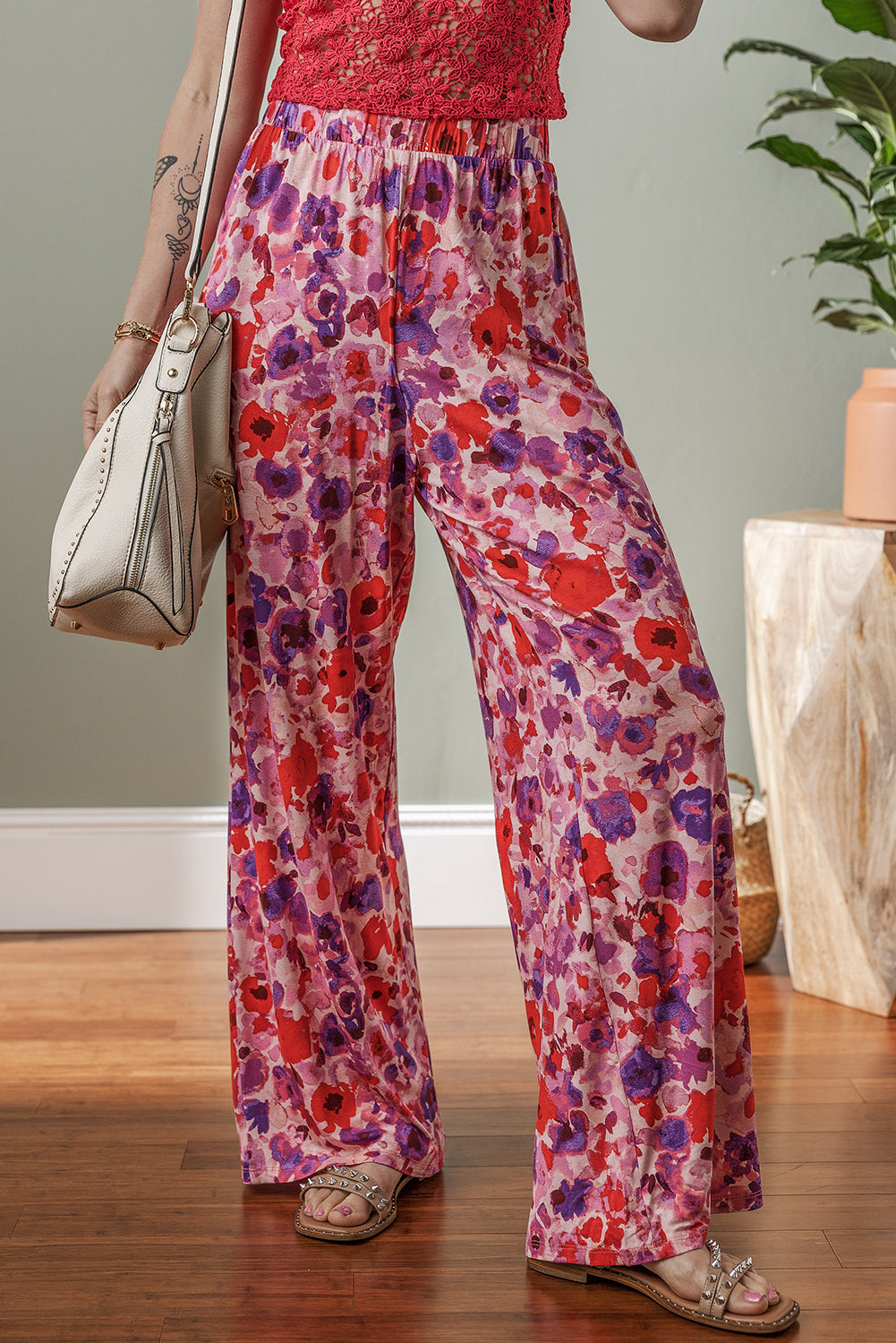 Purple Floral Wide Leg Elastic High Waist Pants Pants & Culotte JT's Designer Fashion