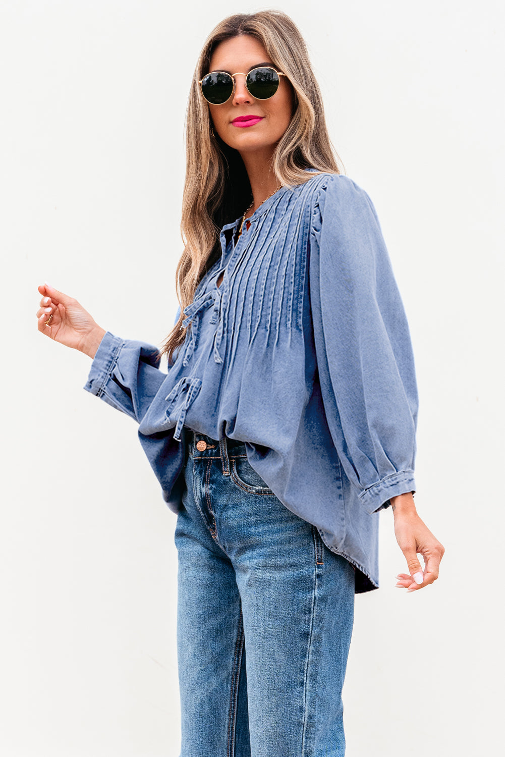 Myosotis Denim Front Pintuck Bow Tie Puff Sleeve Top Blouses & Shirts JT's Designer Fashion
