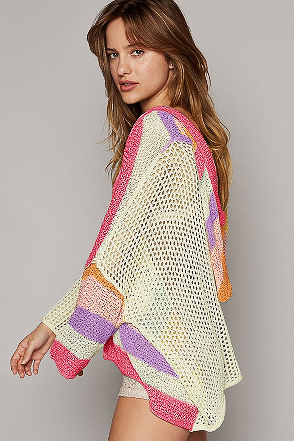 Pink Oversized Colorblock V Neck Hooded Sweater Sweaters JT's Designer Fashion