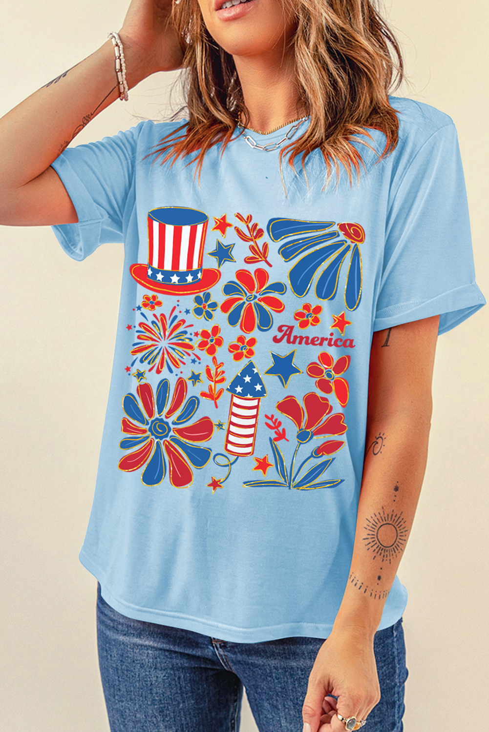 Light Blue America Floral Firework Print 4th of July T Shirt Graphic Tees JT's Designer Fashion