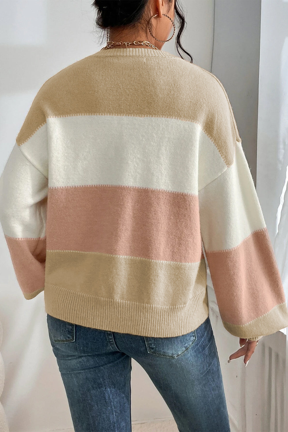 Dusty Pink Color Block Lantern Sleeve Drop Shoulder Sweater Sweaters JT's Designer Fashion