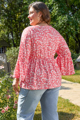 Red Plus Size Floral V Neck Flared Bracelet Sleeve Blouse Plus Size Blouses & Shirts JT's Designer Fashion