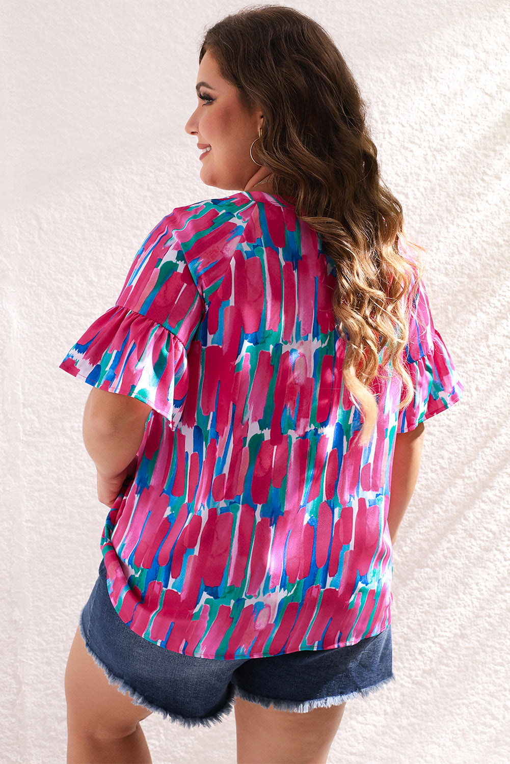 Rose Plus Brushstroke Ruffle Sleeve Button V Neck Blouse Plus Size JT's Designer Fashion