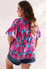 Rose Plus Brushstroke Ruffle Sleeve Button V Neck Blouse Plus Size JT's Designer Fashion