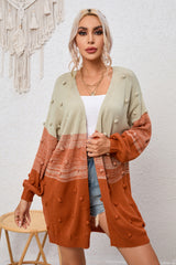 Brown Pompom Color Block Open Front Cardigan Sweaters & Cardigans JT's Designer Fashion