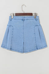 Dusk Blue Pleated Patchwork Wide Leg Lightweight Denim Shorts Denim Shorts JT's Designer Fashion