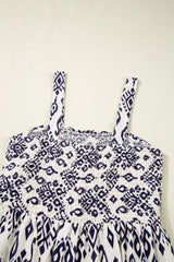Blue Boho Geometric Print Shirred High Waist Wide Leg Jumpsuit Jumpsuits & Rompers JT's Designer Fashion