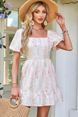 Pink Floral Puff Sleeve Square Neck Knotted Open Back Ruffled Mini Dress Floral Dresses JT's Designer Fashion