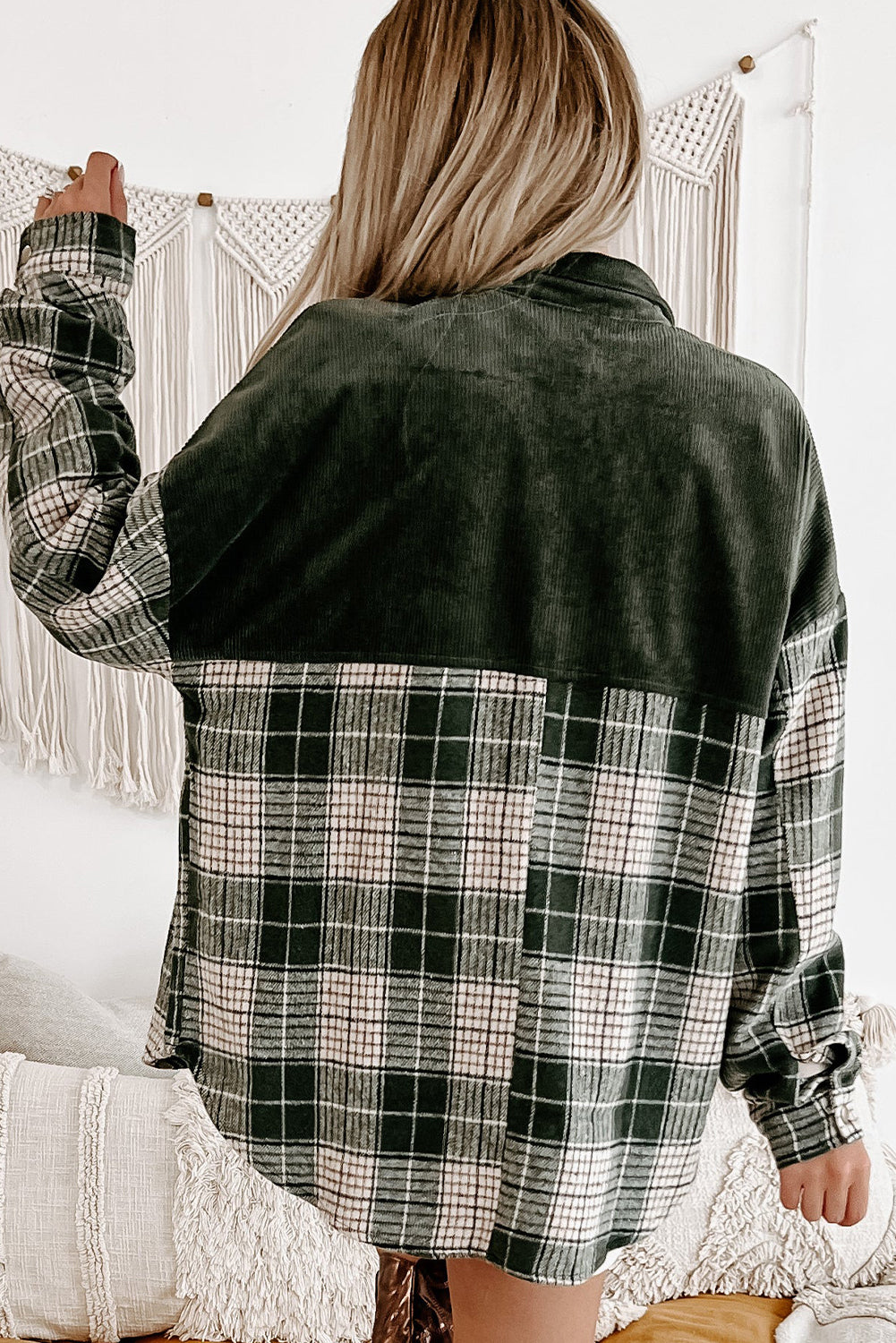Blackish Green Snap Buttons Colorblock Plaid Shacket Plaid Shackets JT's Designer Fashion