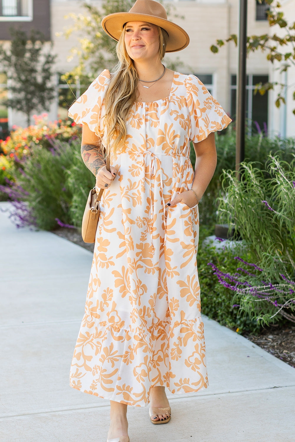 Apricot Floral Print Puff Short Sleeve Resort Plus Size Maxi Dress Plus Size Maxi Dresses JT's Designer Fashion