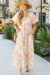 Apricot Floral Print Puff Short Sleeve Resort Plus Size Maxi Dress Plus Size Maxi Dresses JT's Designer Fashion