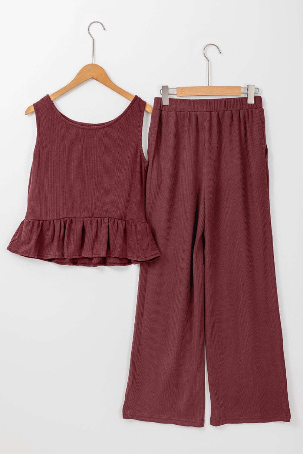 Red Dahlia Solid Color Ribbed Ruffle Tank Top and Pants Set Pant Sets JT's Designer Fashion