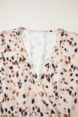 Beige Printed Surplice V Neck Cuffed Sleeve Empire Waist Plus Size Dress Plus Size Mini Dresses JT's Designer Fashion