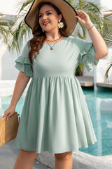 Grass Green Ruffle Trim Short Sleeve Plus Size Flared Mini Dress Plus Size Mini Dresses JT's Designer Fashion