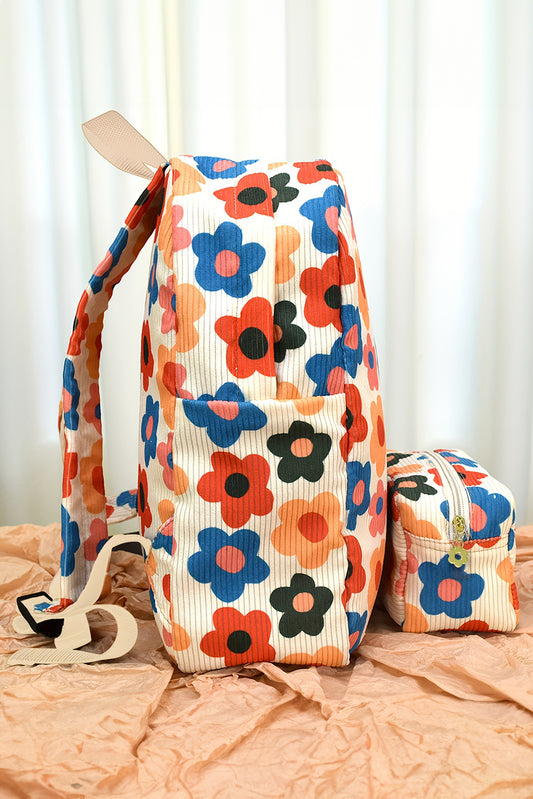 Khaki Flower Print Corduroy Backpack with Matching Pouch Backpacks JT's Designer Fashion