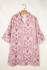Pink Paisley Print Tiered 3/4 Sleeve Notched Neck Mini Dress Mini Dresses JT's Designer Fashion
