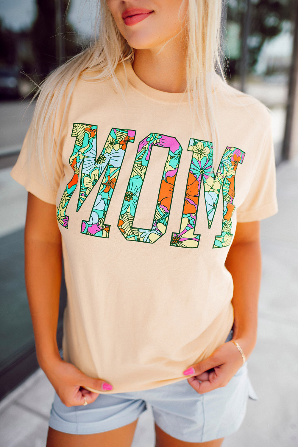 Khaki MOM Floral Letter Print T Shirt Khaki 95%Polyester+5%Elastane Graphic Tees JT's Designer Fashion