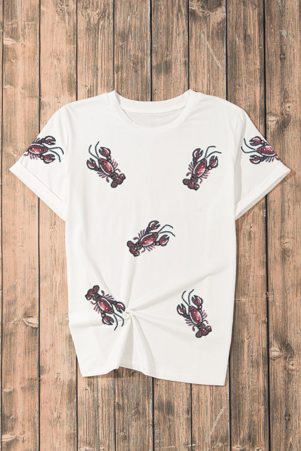 White Sequined Lobster Crewneck Tee Graphic Tees JT's Designer Fashion