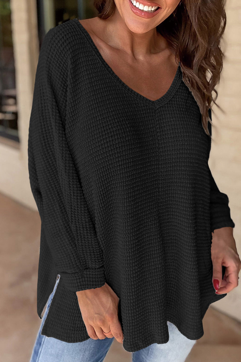 Black Waffle Knit Side Slits Loose Fit V Neck Top Long Sleeve Tops JT's Designer Fashion