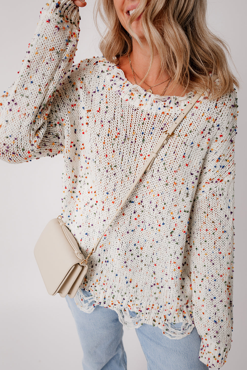 White Colorful Confetti Distressed Knit Sweater Sweaters JT's Designer Fashion