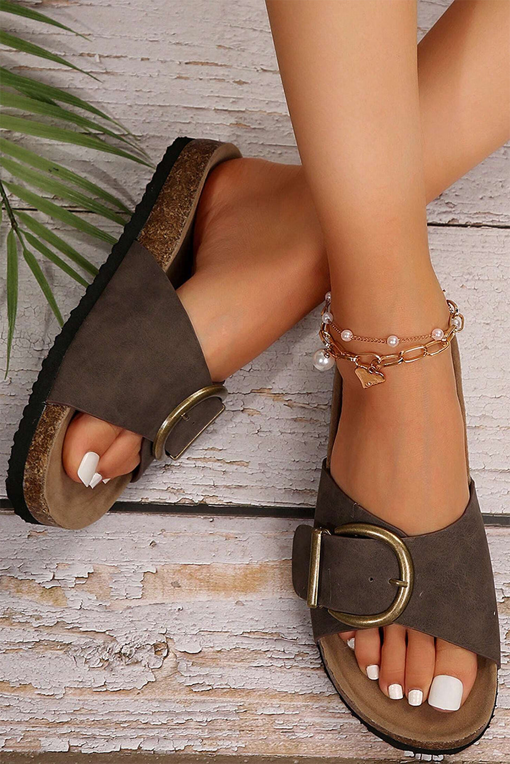 Coffee Buckle Decor Faux Suede Thick Sole Slippers Slippers JT's Designer Fashion