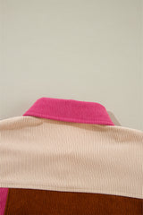 Rose Red Colorblock Curved Hem Corduroy Shacket with Pocket Jackets JT's Designer Fashion