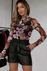 Pink Mesh Floral Print Mock Neck Long Sleeve Slim Top Long Sleeve Tops JT's Designer Fashion