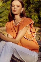 Russet Orange Contrast Trim Ruffle Sleeve Knitted Top Sweaters & Cardigans JT's Designer Fashion