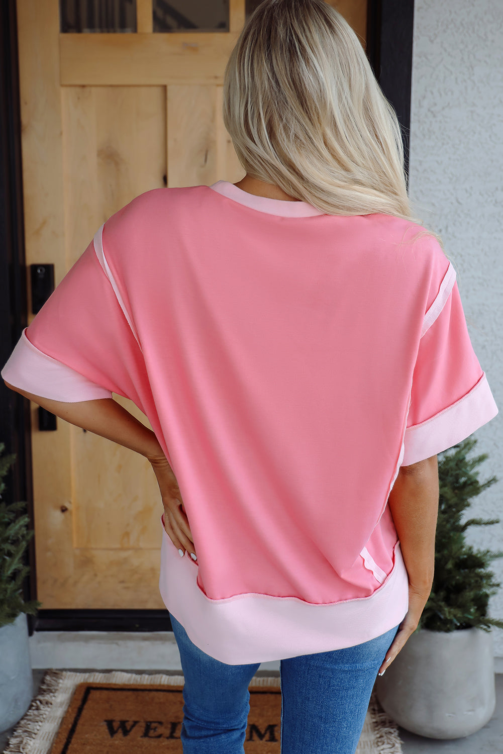 Peach Blossom USA Color Block High Low Crew Neck T Shirt Graphic Tees JT's Designer Fashion