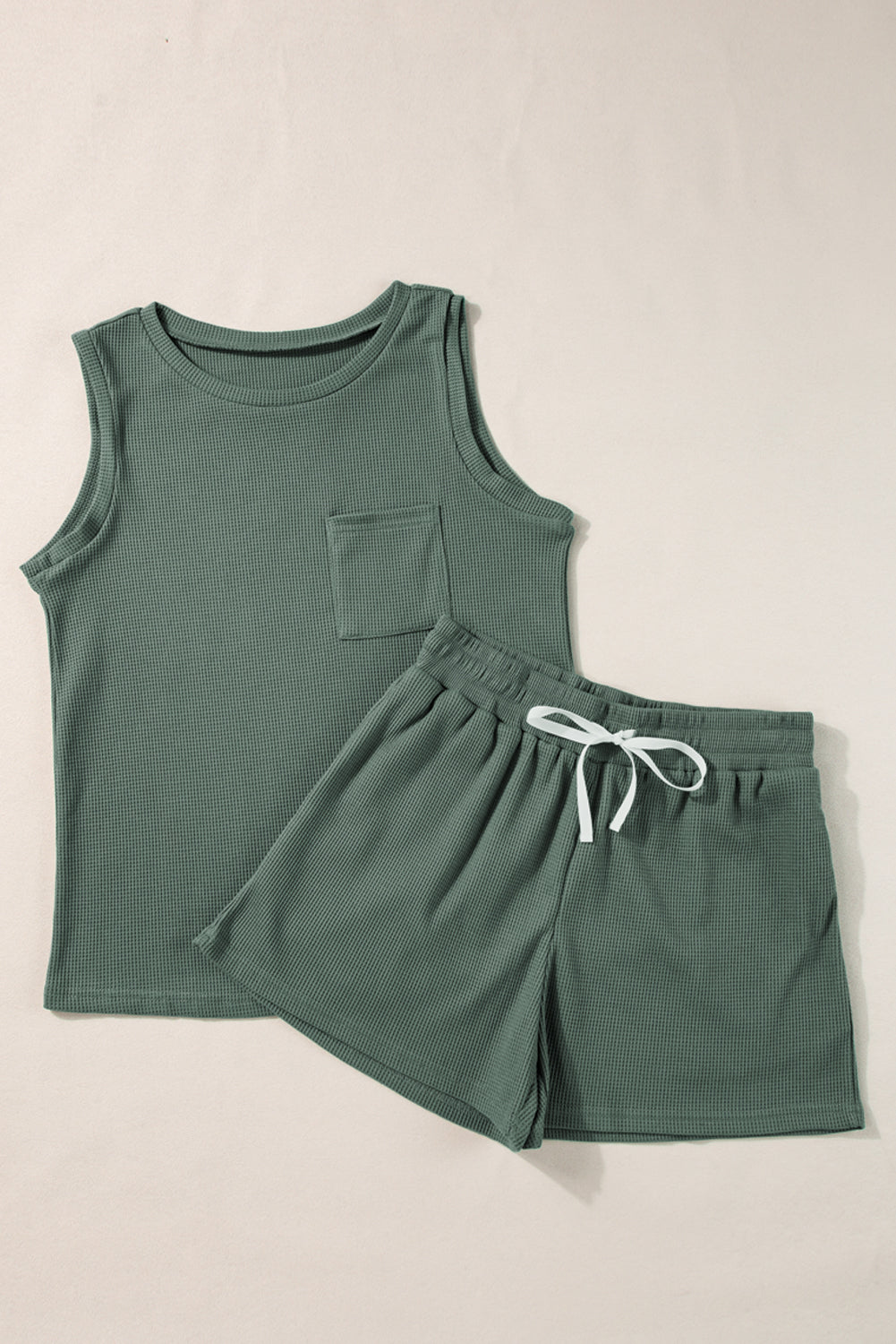 Mist Green Waffle Knit Patched Pocket Tank and Drawstring Shorts Set Short Sets JT's Designer Fashion